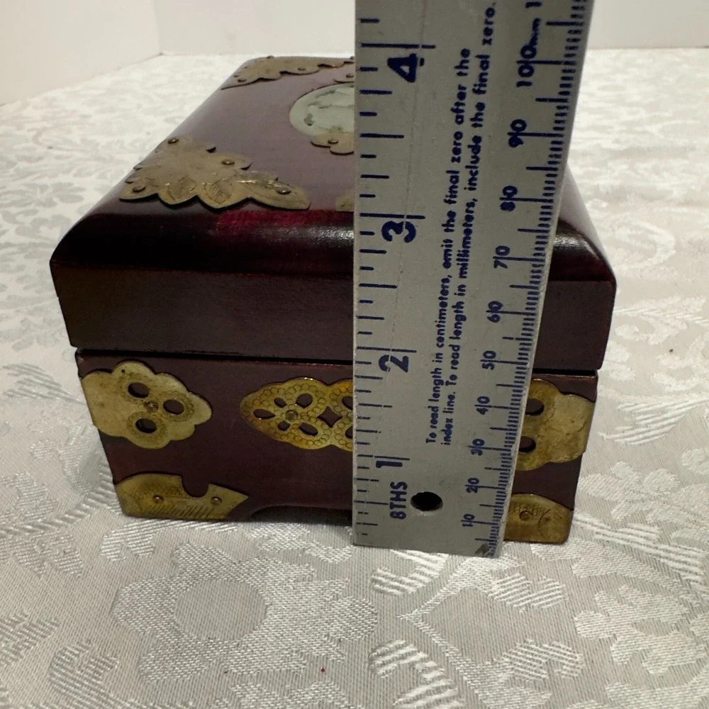 Vintage Chinese Carved Jade Stone & Rosewood Brass Pink Silk Lined Jewelry Box